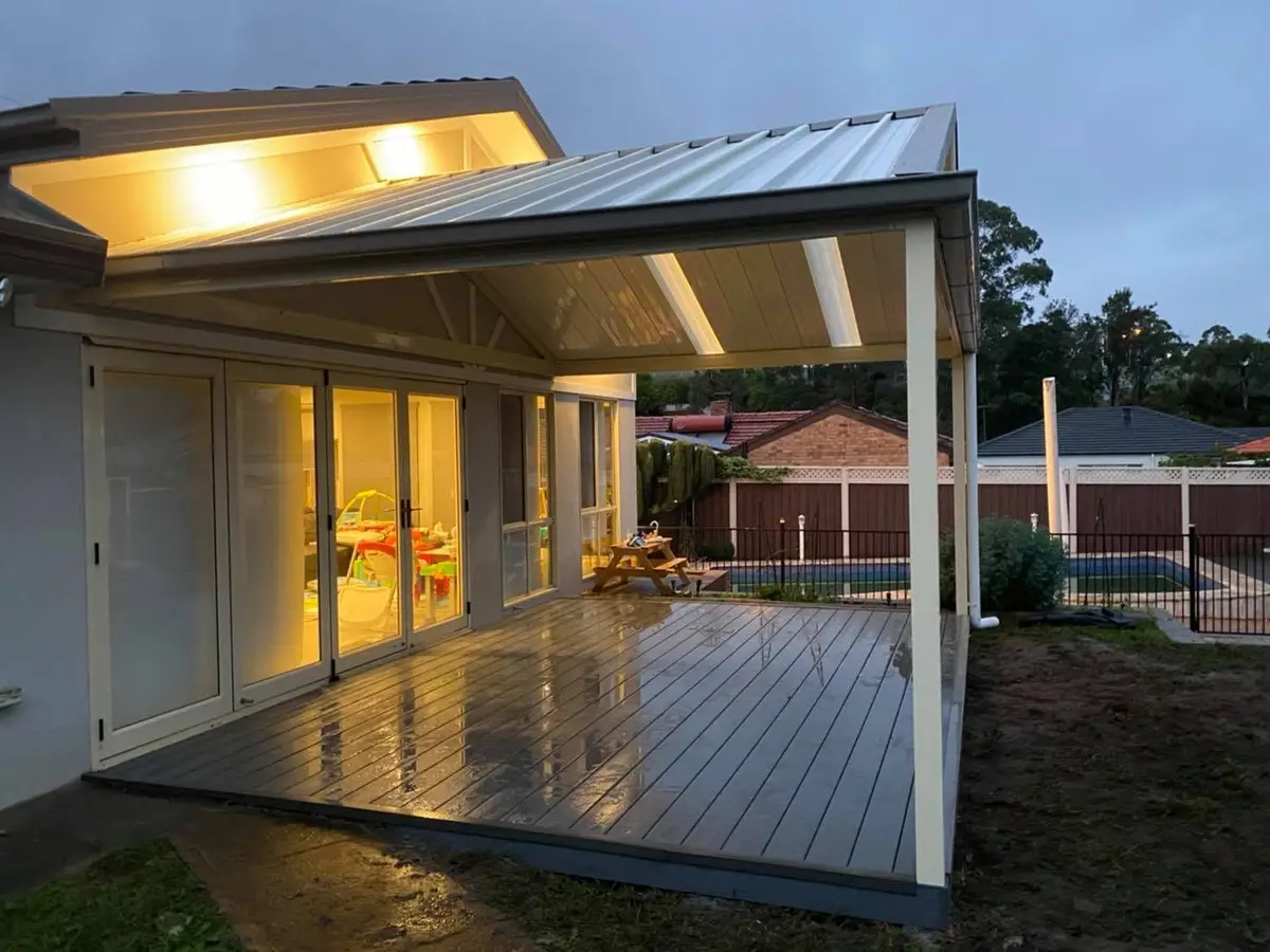 Covered alfresco deck at dusk