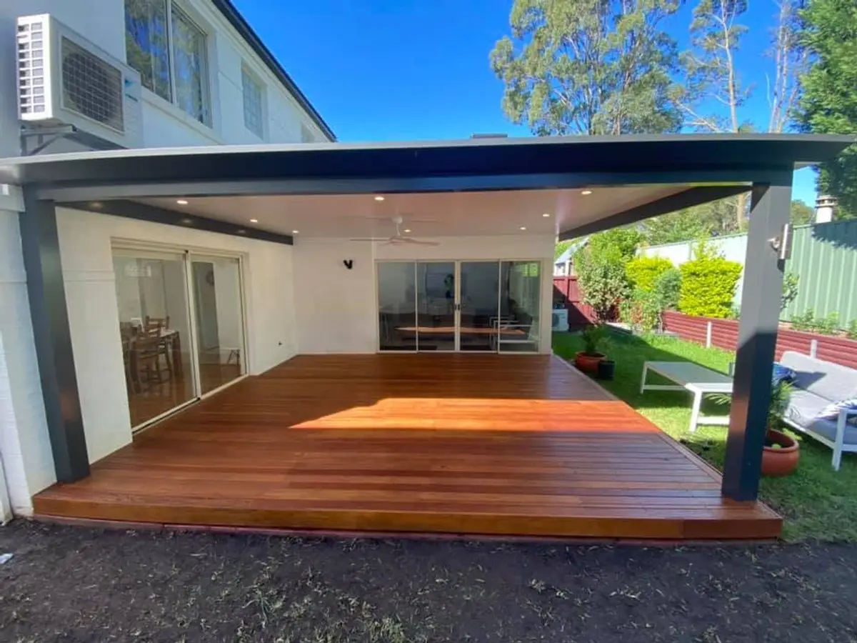 Covered deck with downlights and fan